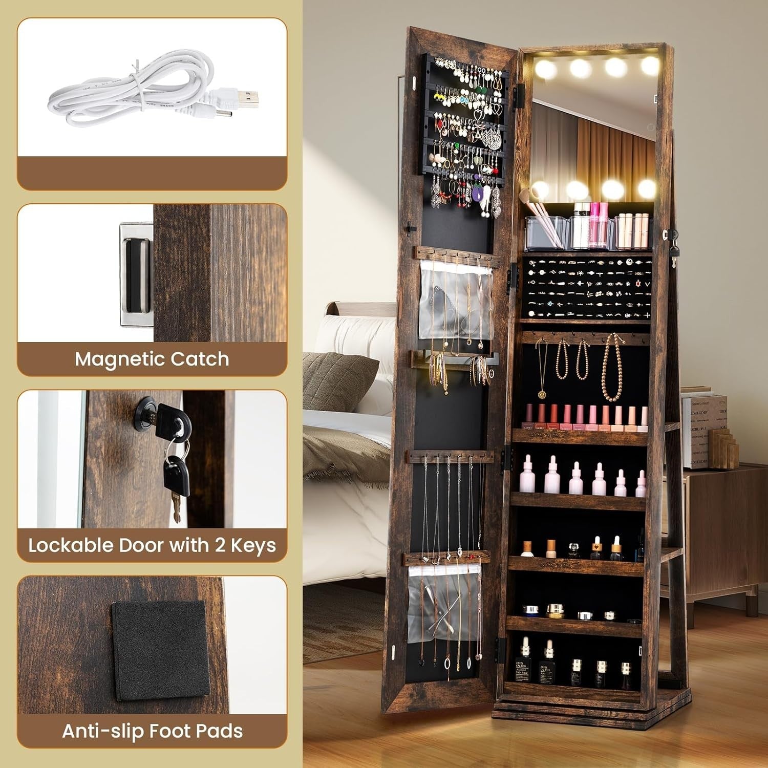 Rotating Jewelry Cabinet LED Mirror Lockable Freestanding Storage Organizer