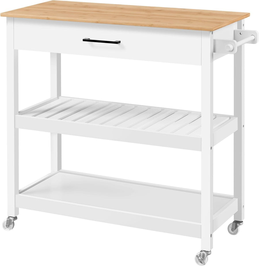 White Rolling Kitchen Island Cart with Bamboo Worktop, Drawer & Towel Rack