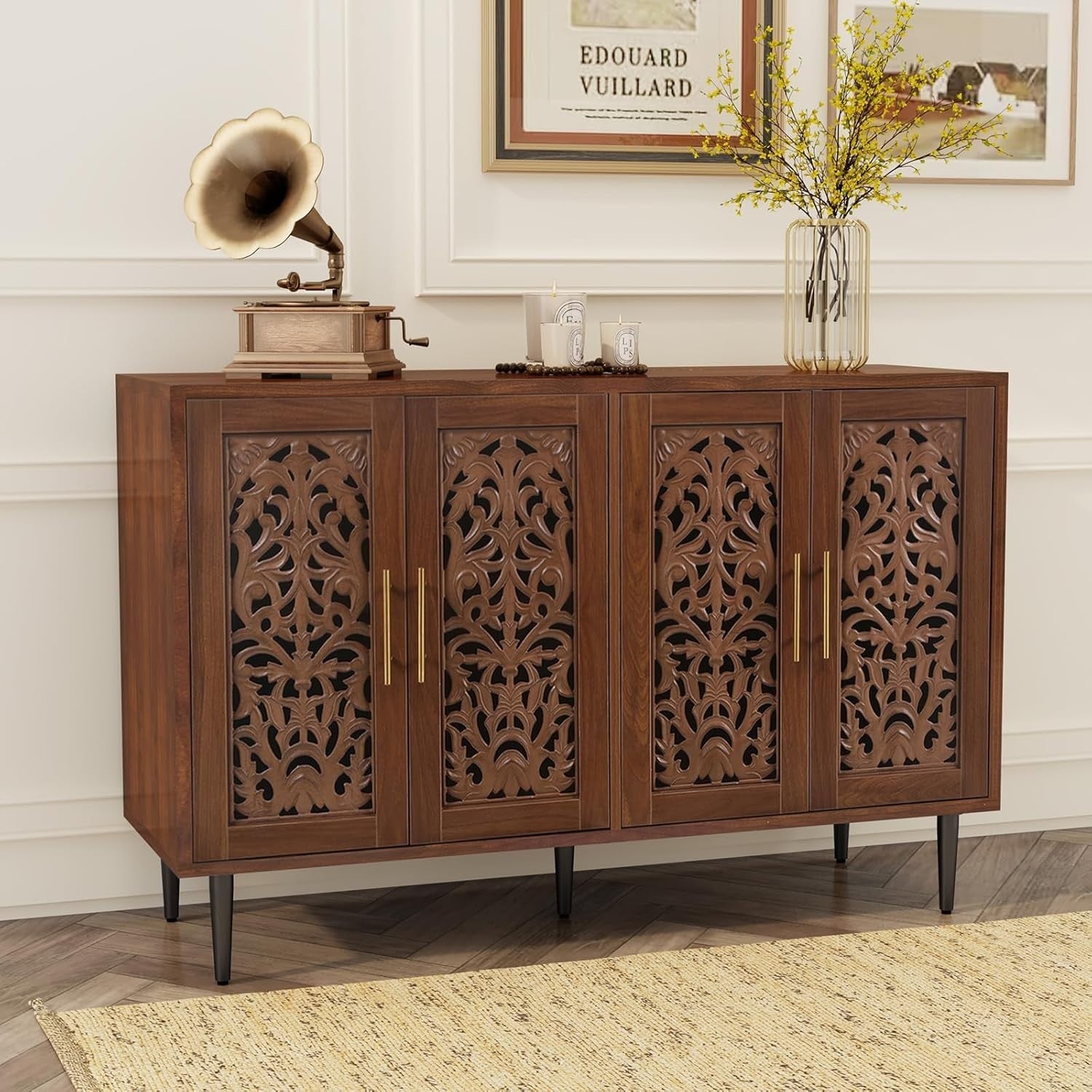 Vintage Brown Sideboard Cabinet 4 Doors Hollow Carved Storage Buffet
