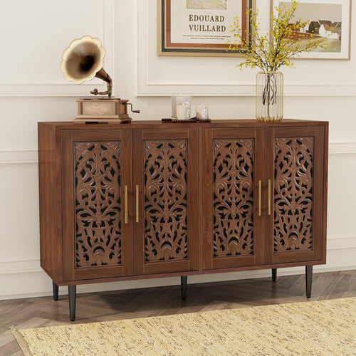 Vintage Brown Sideboard Cabinet 4 Doors Hollow Carved Storage Buffet