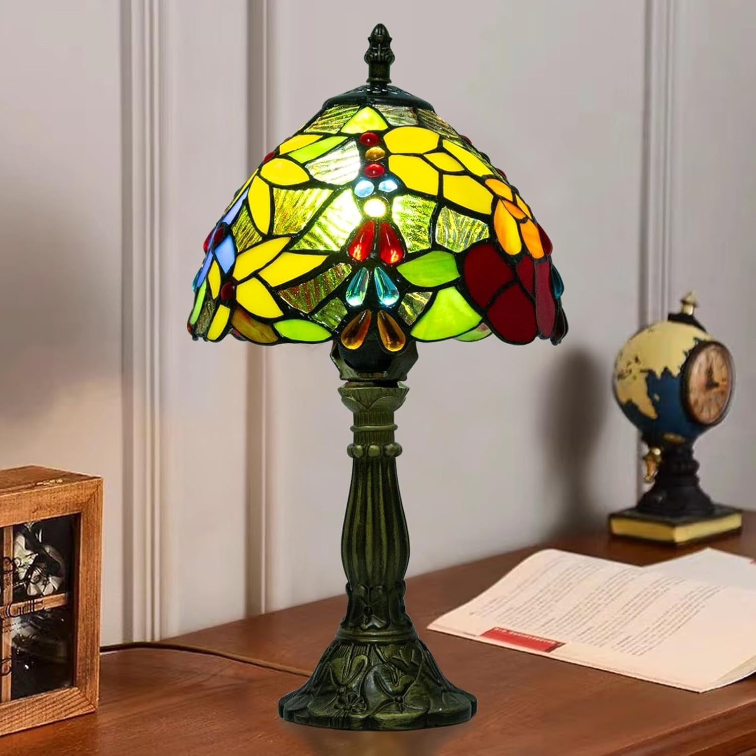 Stained Glass Tiffany Table Lamp 3-Color Dimmable E27 Bulb, 20x20x37cm