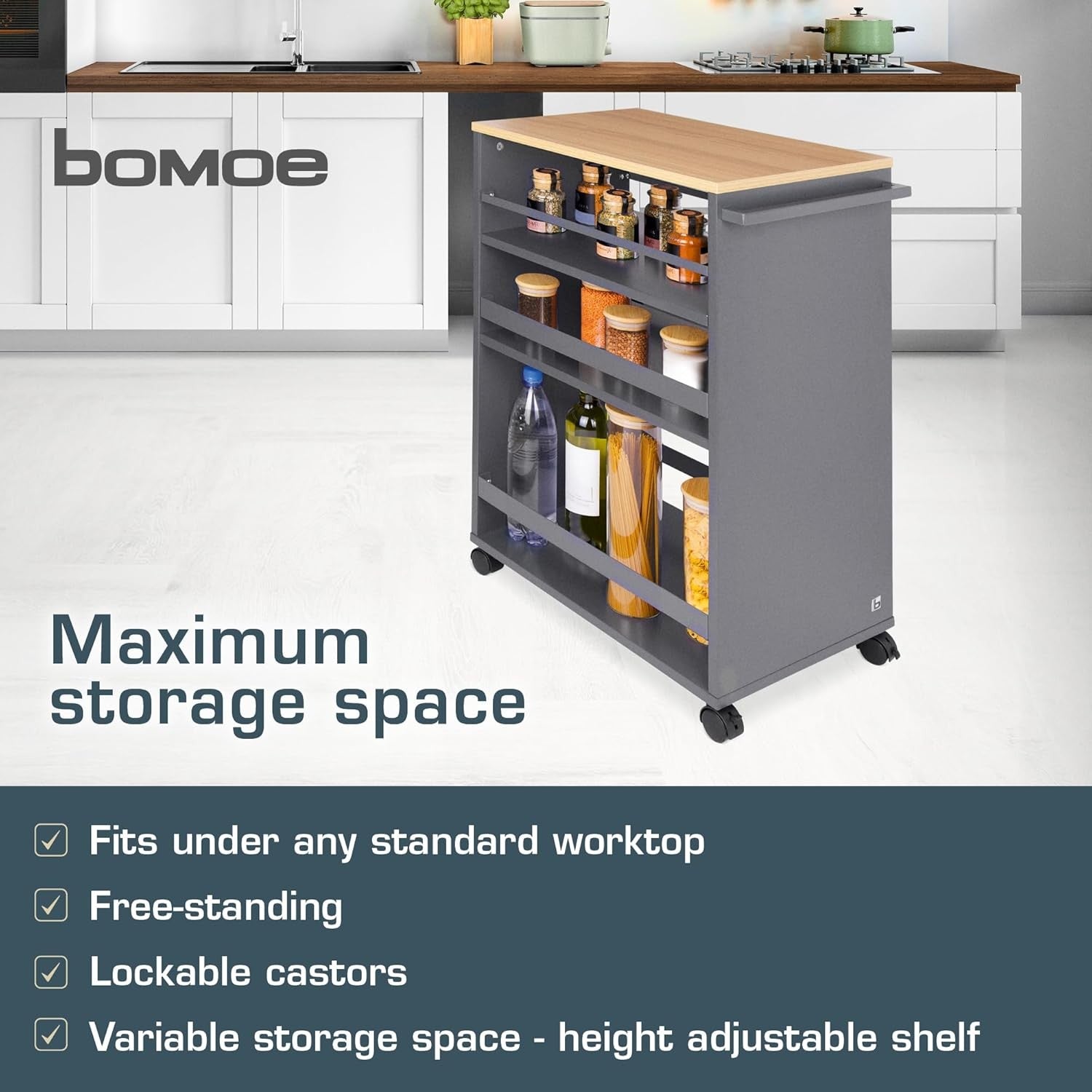 Kitchen Cart Trolley on Wheels 3 Tier Adjustable Shelves Wooden Worktop