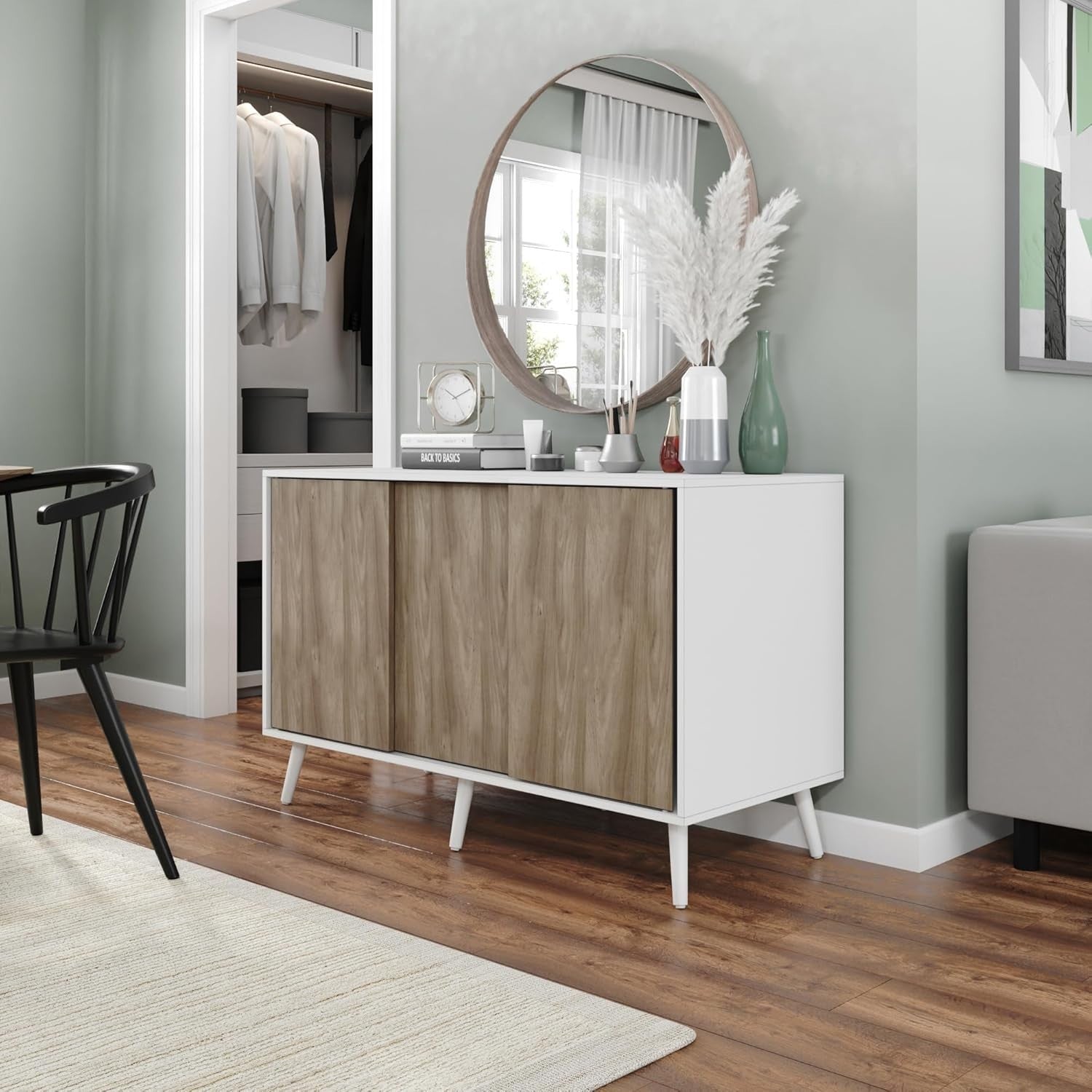 Oak Sliding Door Sideboard Cabinet White Frame Modern Storage Unit