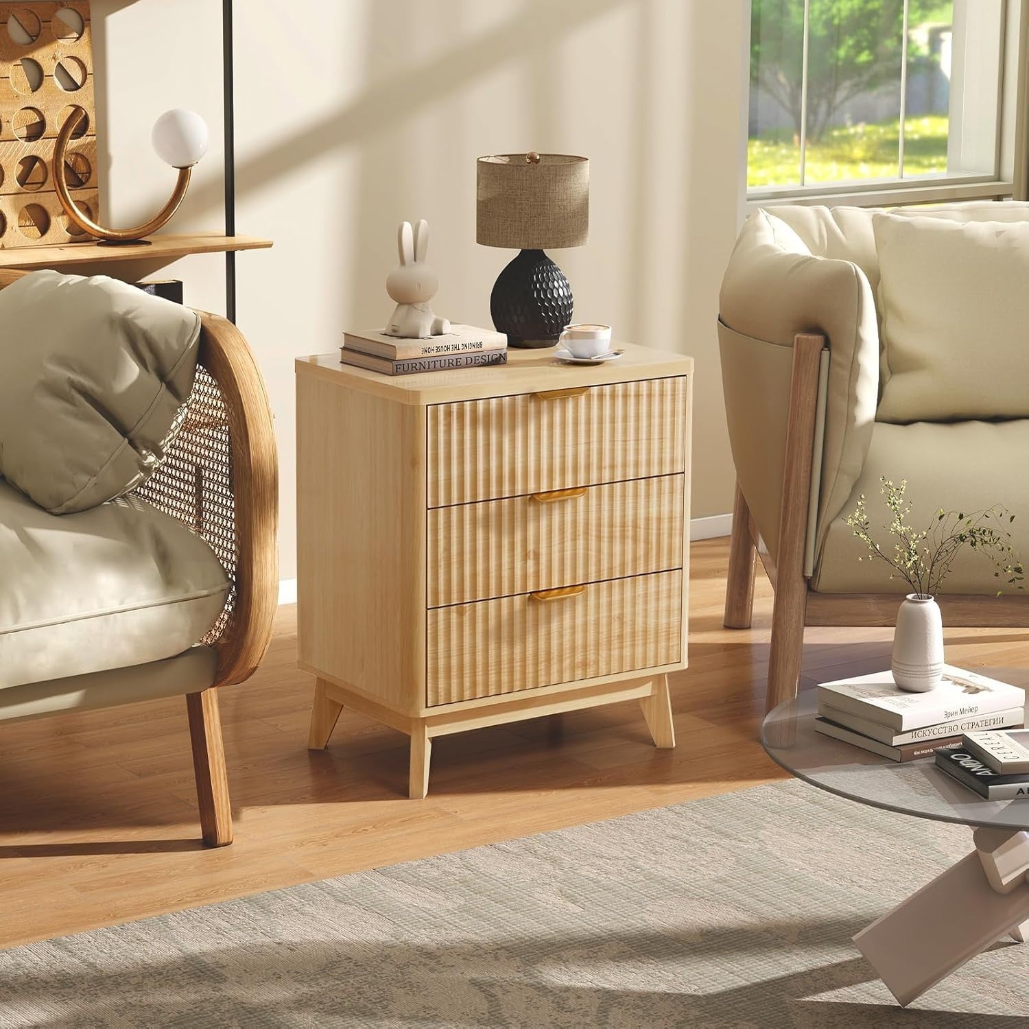 Wood Bedside Table with 3 Drawers Natural Nightstand for Bedroom & Living Room