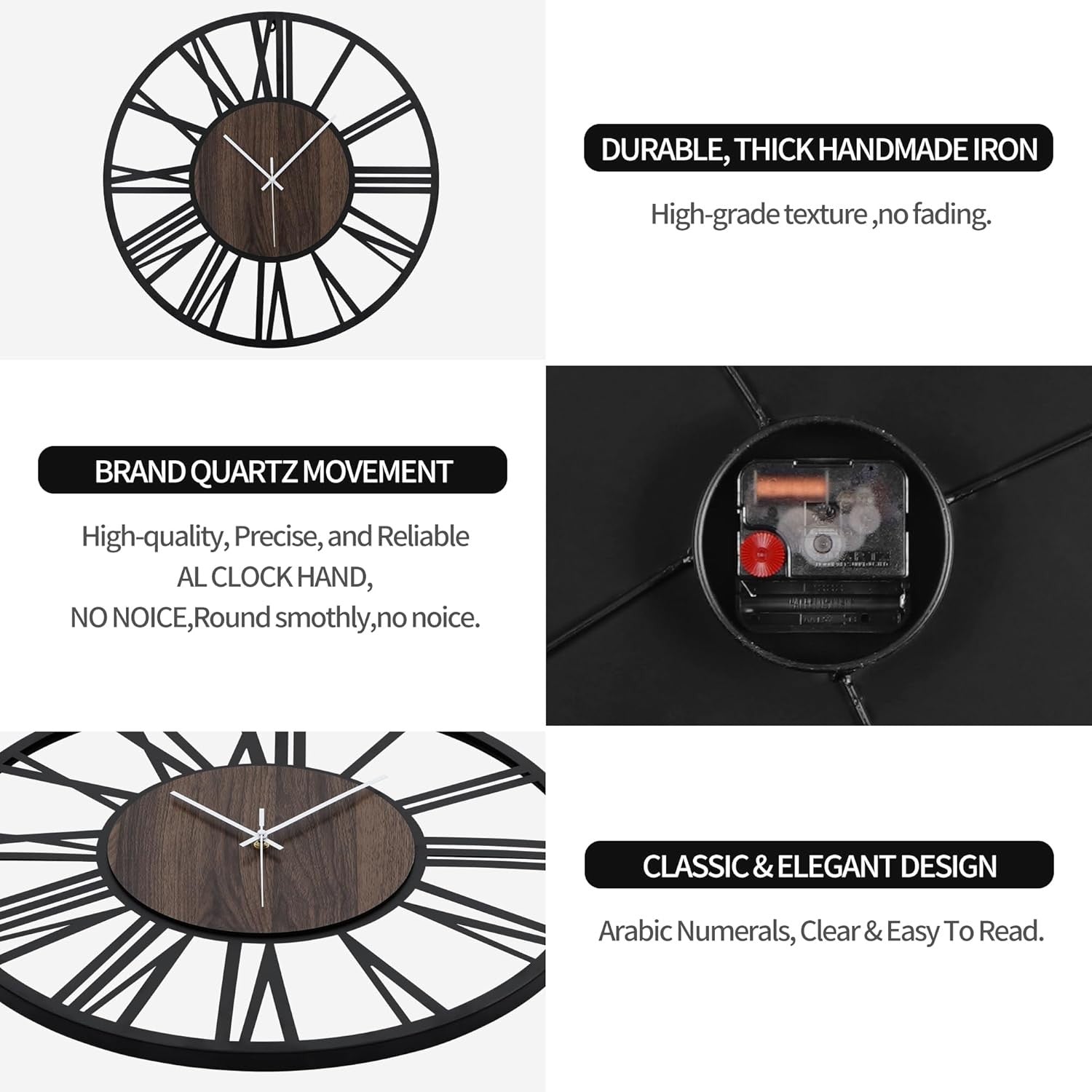 Large 40cm Silent Wall Clock Modern Rustic Metal Wood Roman Numeral Decor