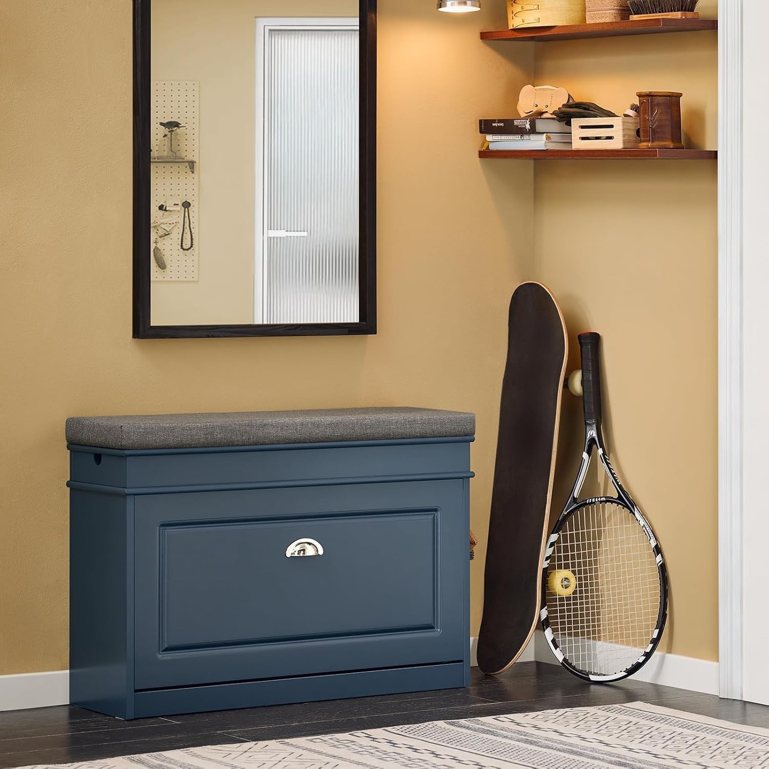 Narrow Shoe Storage Bench with Flip Drawer & Cushion, 150kg Load, Blue