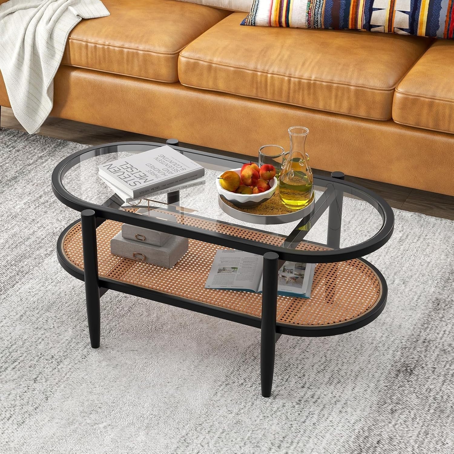 Black Glass Coffee Table with Rattan Shelf – 2-Tier Oval Wood Frame