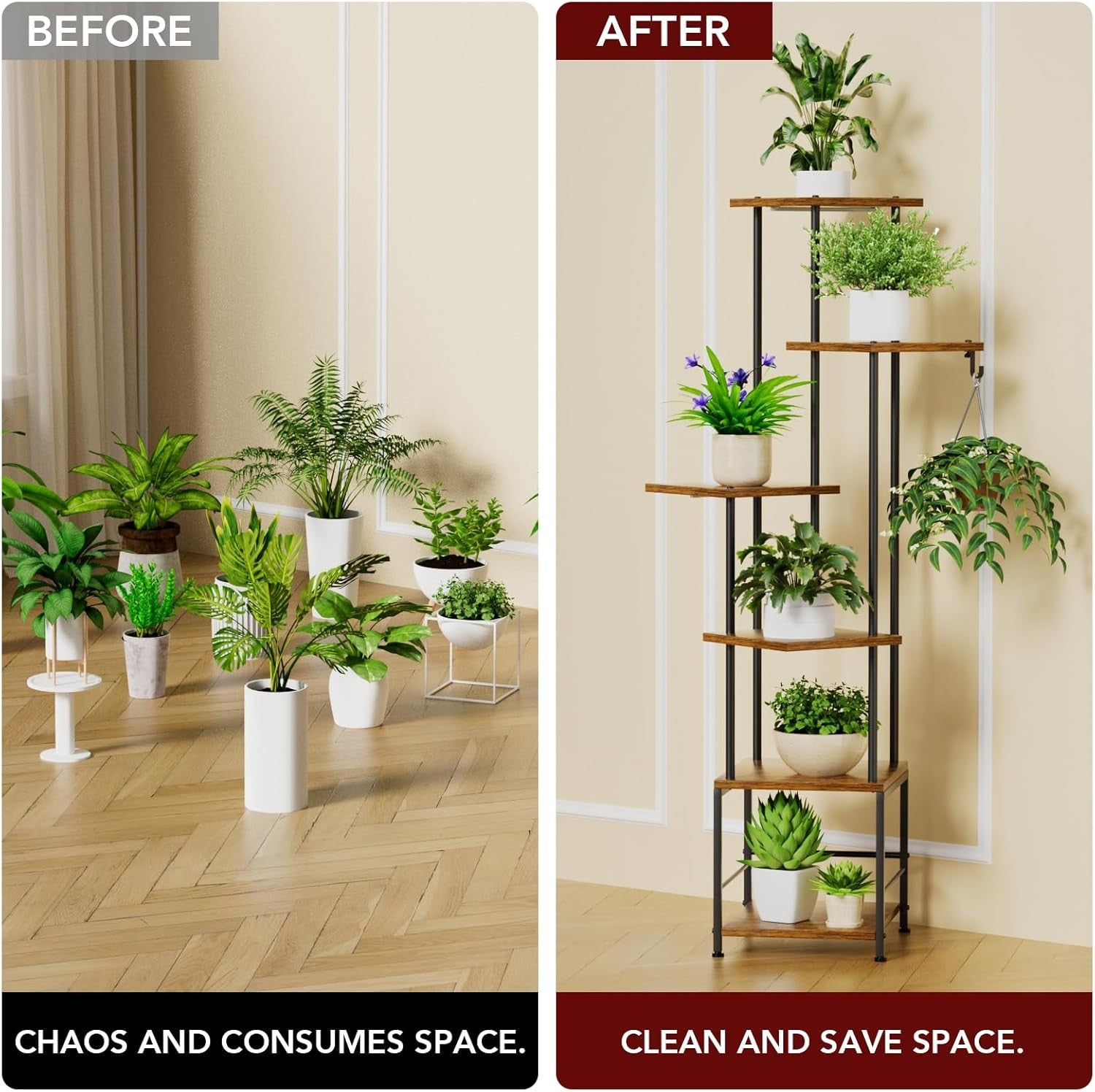 6 Tier Metal Plant Stand with Grow Lights, Tall Indoor Flower Shelf for Living
