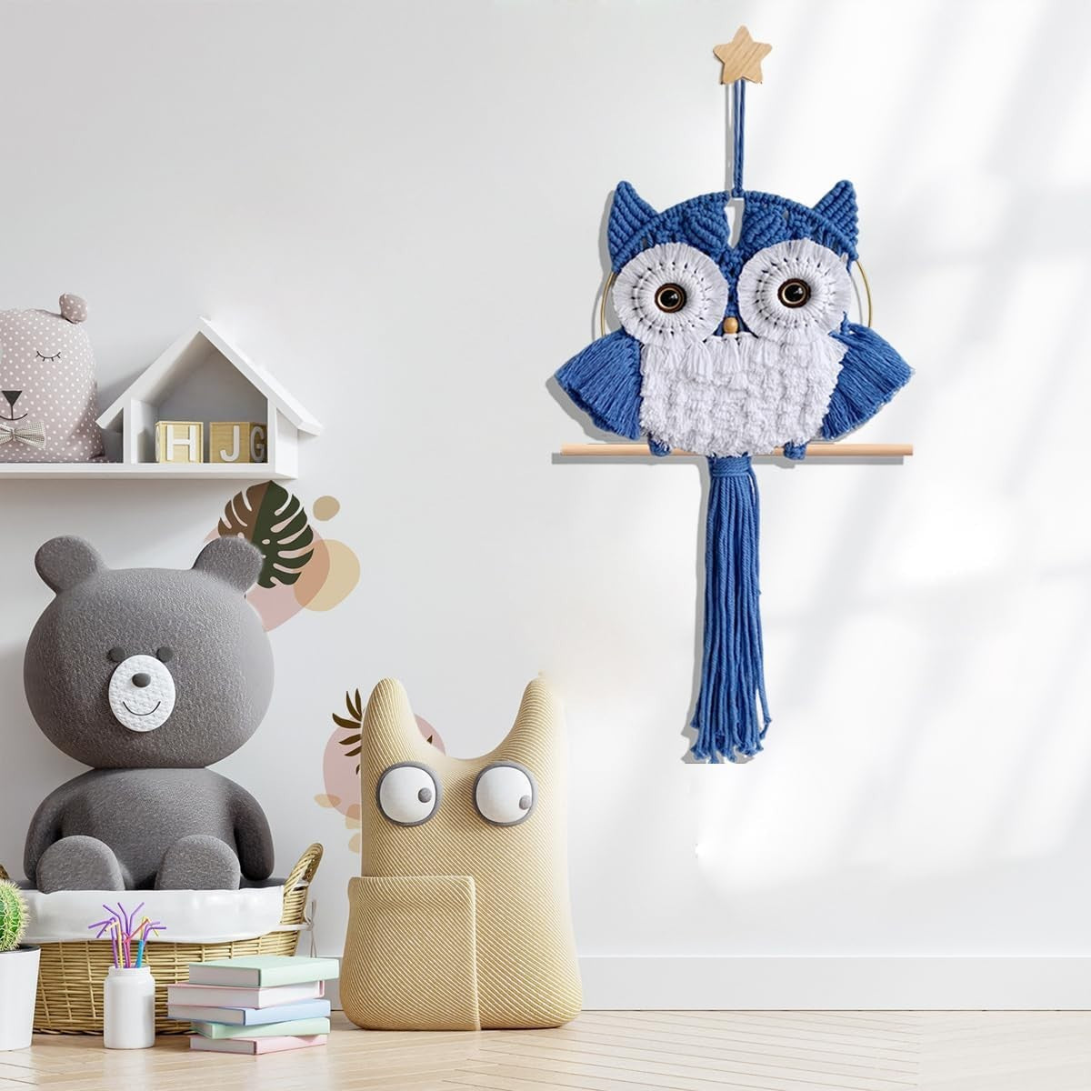 Hazy Blue Macrame Owl Wall Hanging Boho Fiber Art Decor