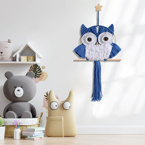 Hazy Blue Macrame Owl Wall Hanging Boho Fiber Art Decor