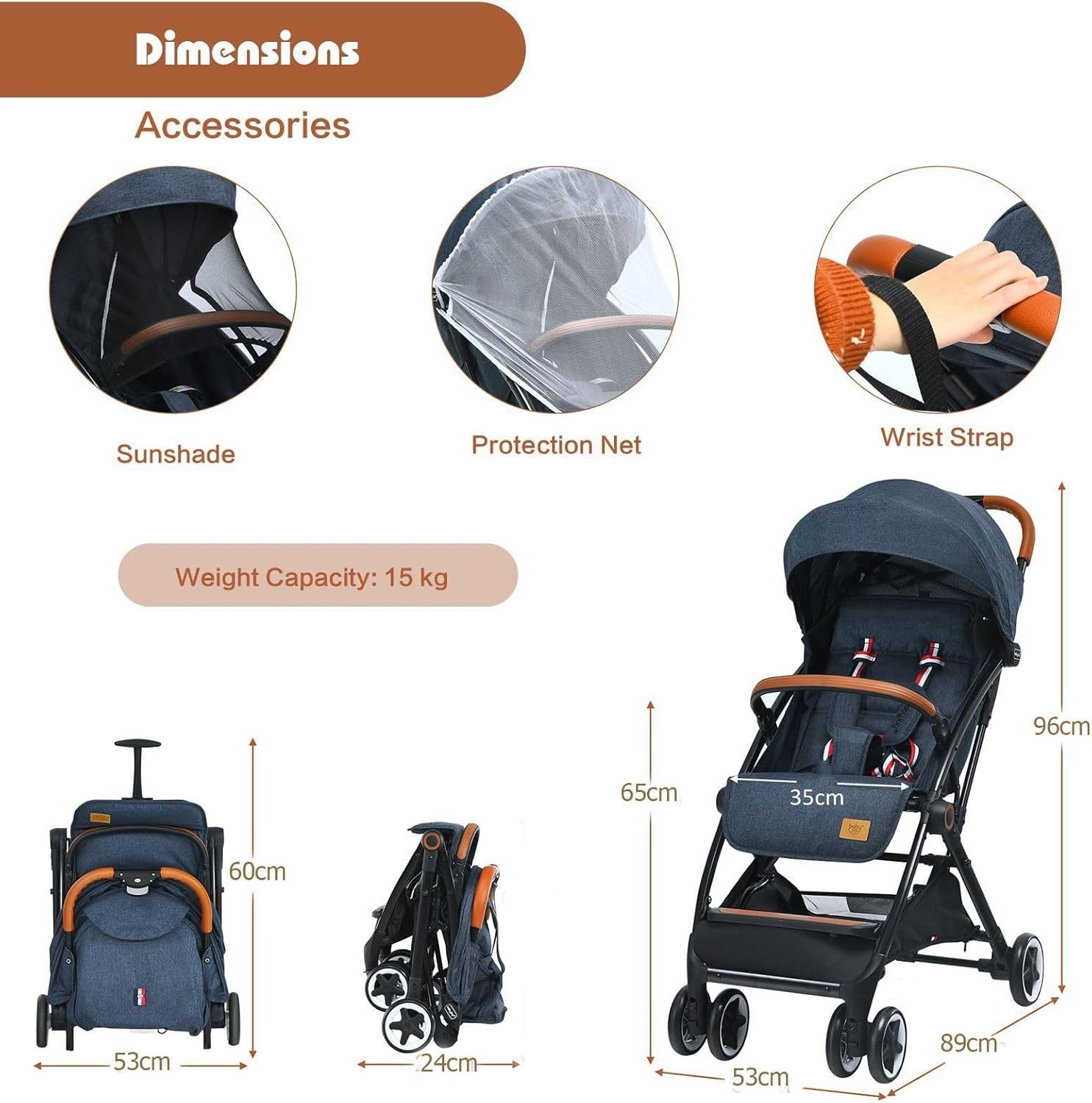 Blue Lightweight Baby Stroller One Hand Fold Compact Travel Buggy