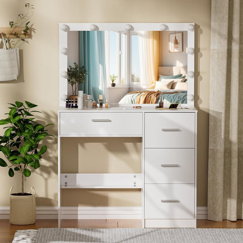 Vanity Dressing Table Desk with Mirror 11 LED Lights 4 Drawers White Wood Minima