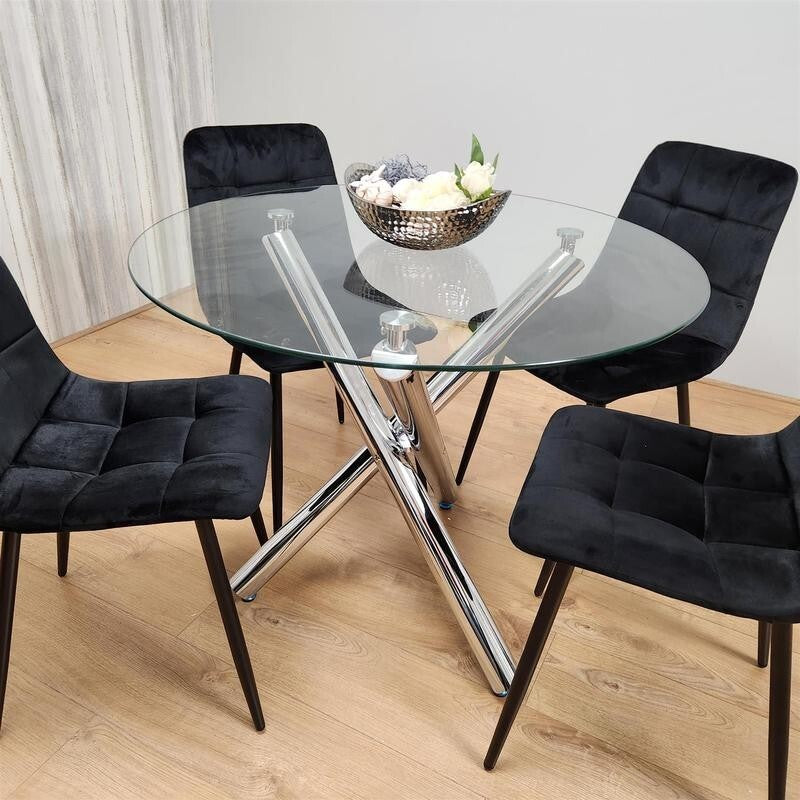 Round Glass Dining Table Set with 4 Black Velvet Chairs Chrome Legs