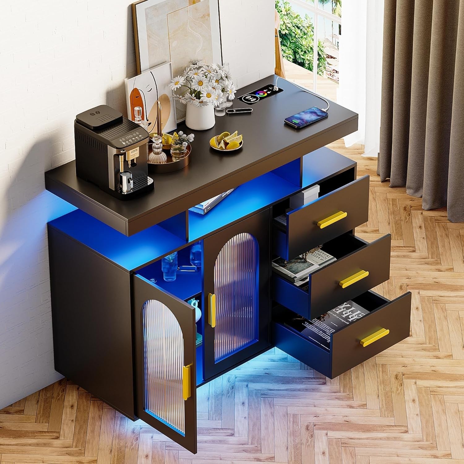 Wireless Charging Black  Buffet Cabinet with RGB LED Light & 3 Drawer Storage