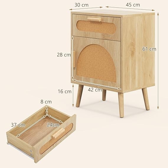 Boho Rattan Bedside Tables Set of 2 – Wooden Nightstands with Drawer & Door