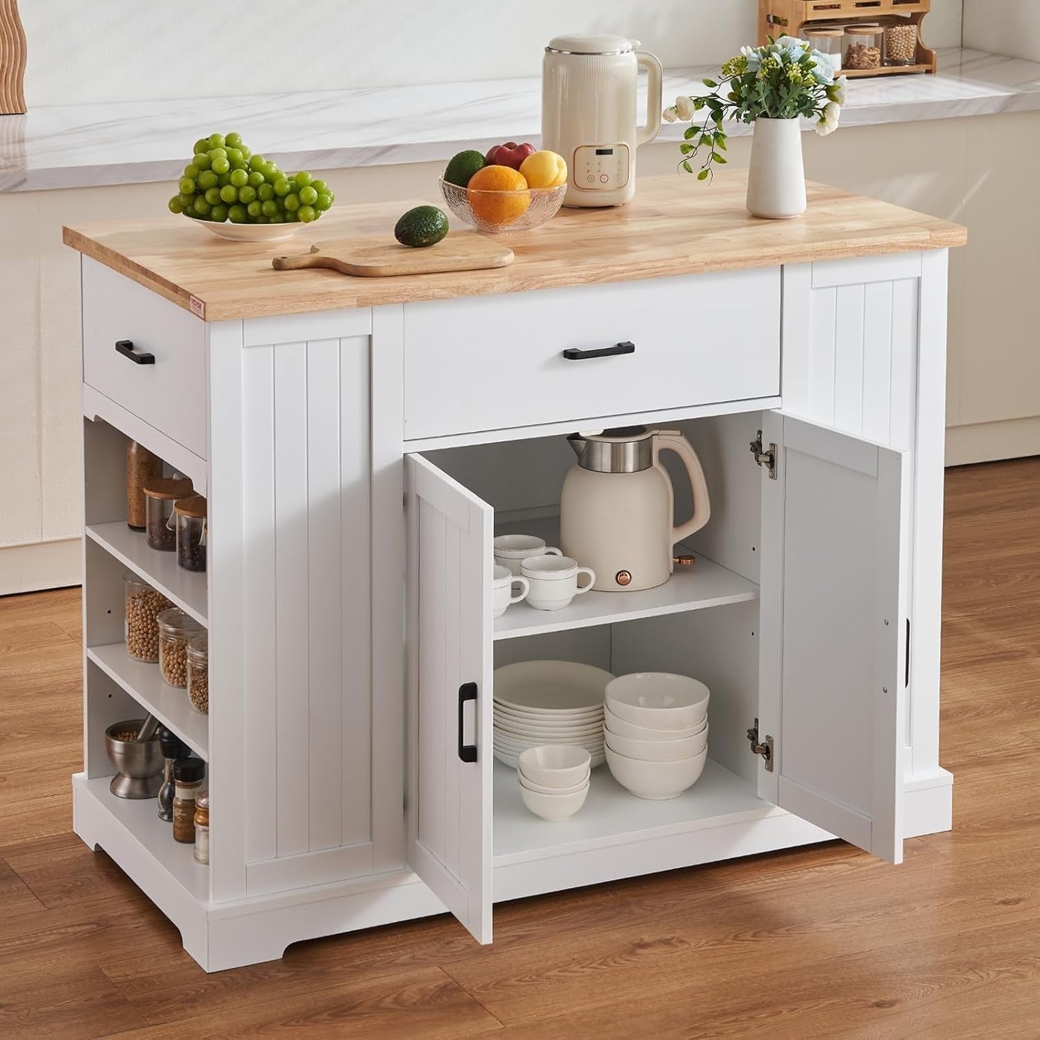 Farmhouse Kitchen Island Cart w/ Wood Top, Storage Drawers & Shelves