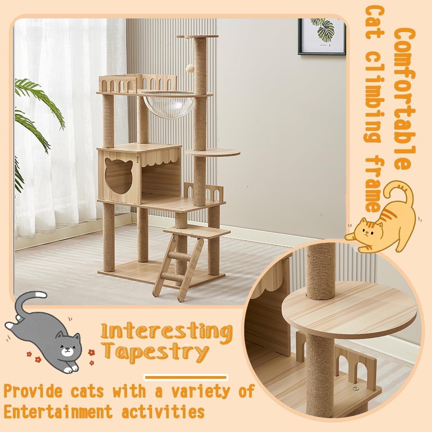 135cm Wooden Cat Tree Tower Condo Stairs Sisal Posts Modern Indoor Cats