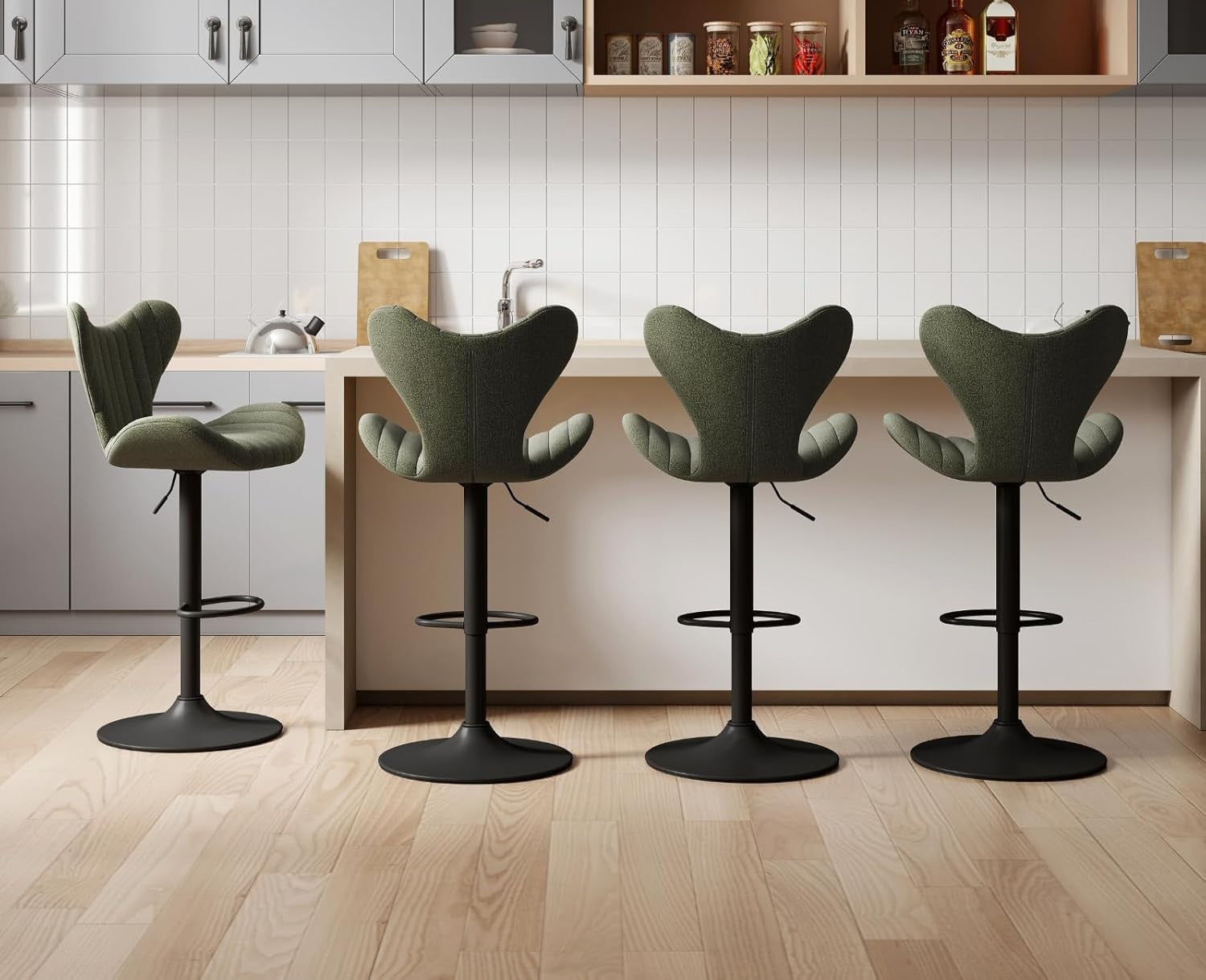 Green Wing-Back Bar Stools Set of 2 | Polyester Seat, Swivel & Adjustable