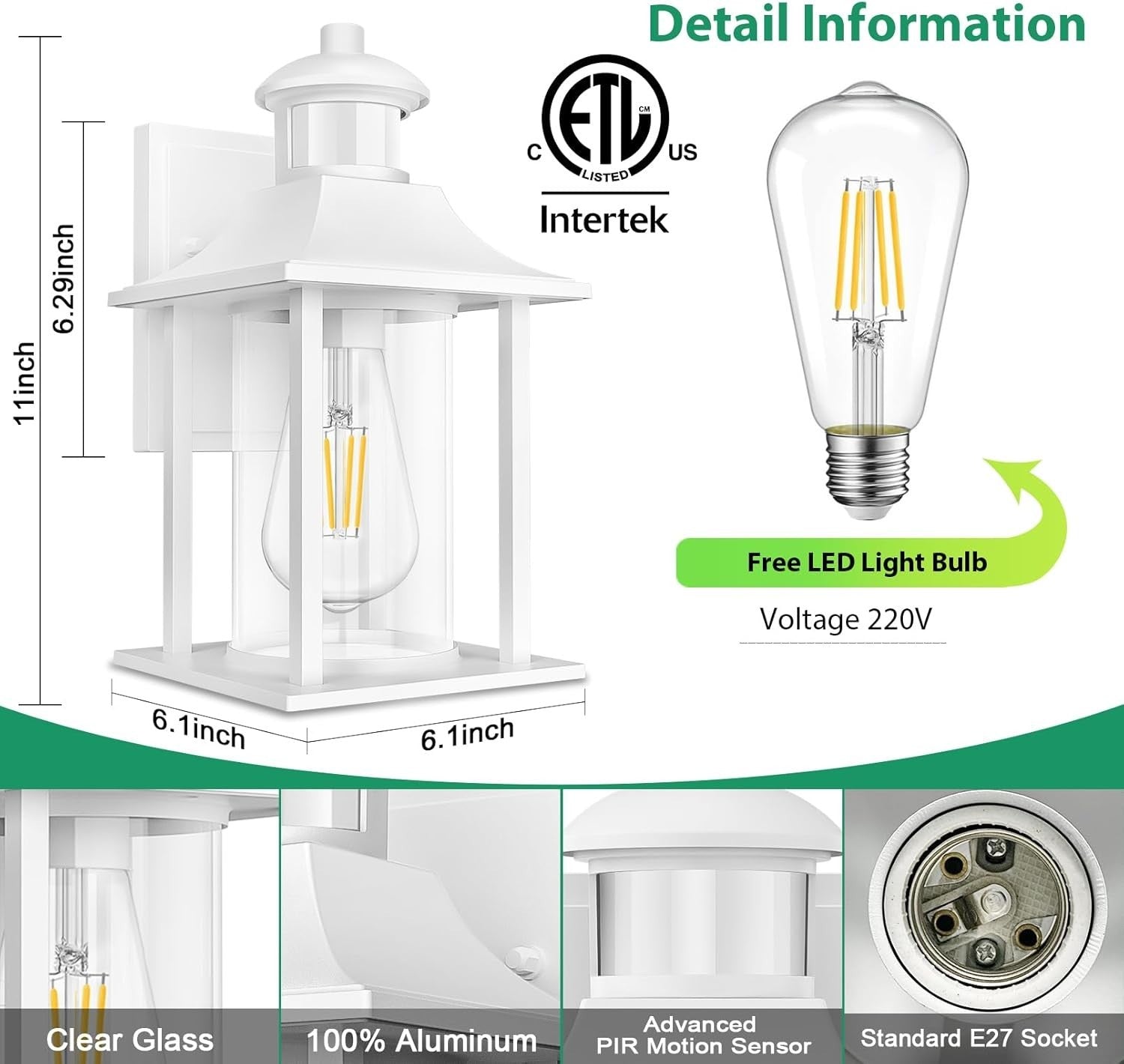 Outdoor Motion Sensor Wall Light Waterproof with Bulb, Aluminium Sconce