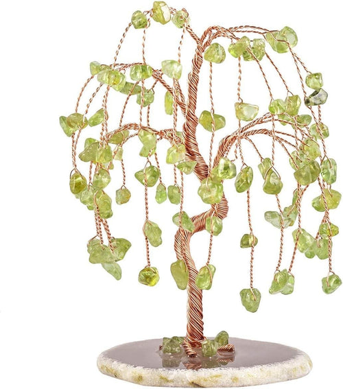 Peridot Crystal Money Tree Feng Shui Gemstone Willow Decor on Agate Slice Gift