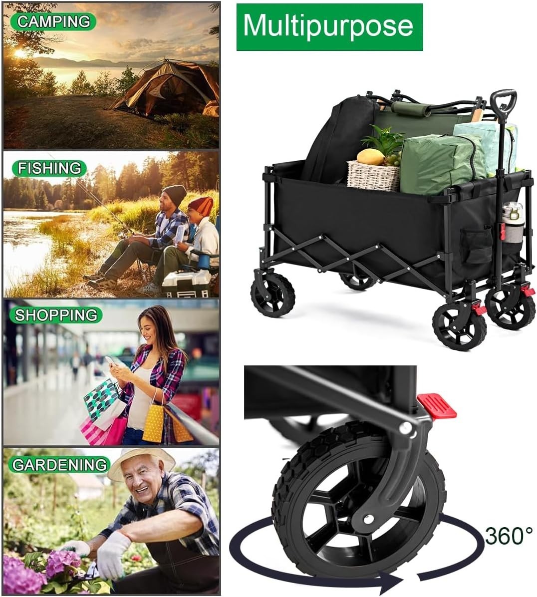 150L Folding Festival Trolley Cart with Adjustable Handle & 4 Wheels