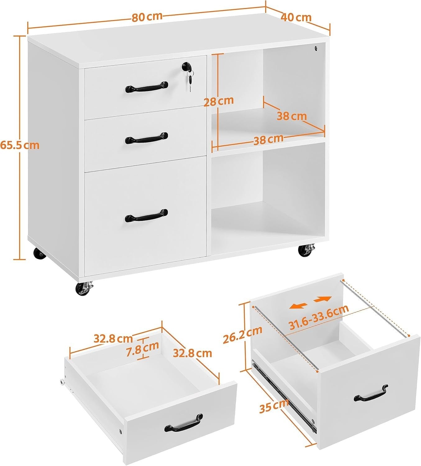 Rolling Mobile Filing Cabinet with Lockable Drawers Printer Stand 80x40x65cm