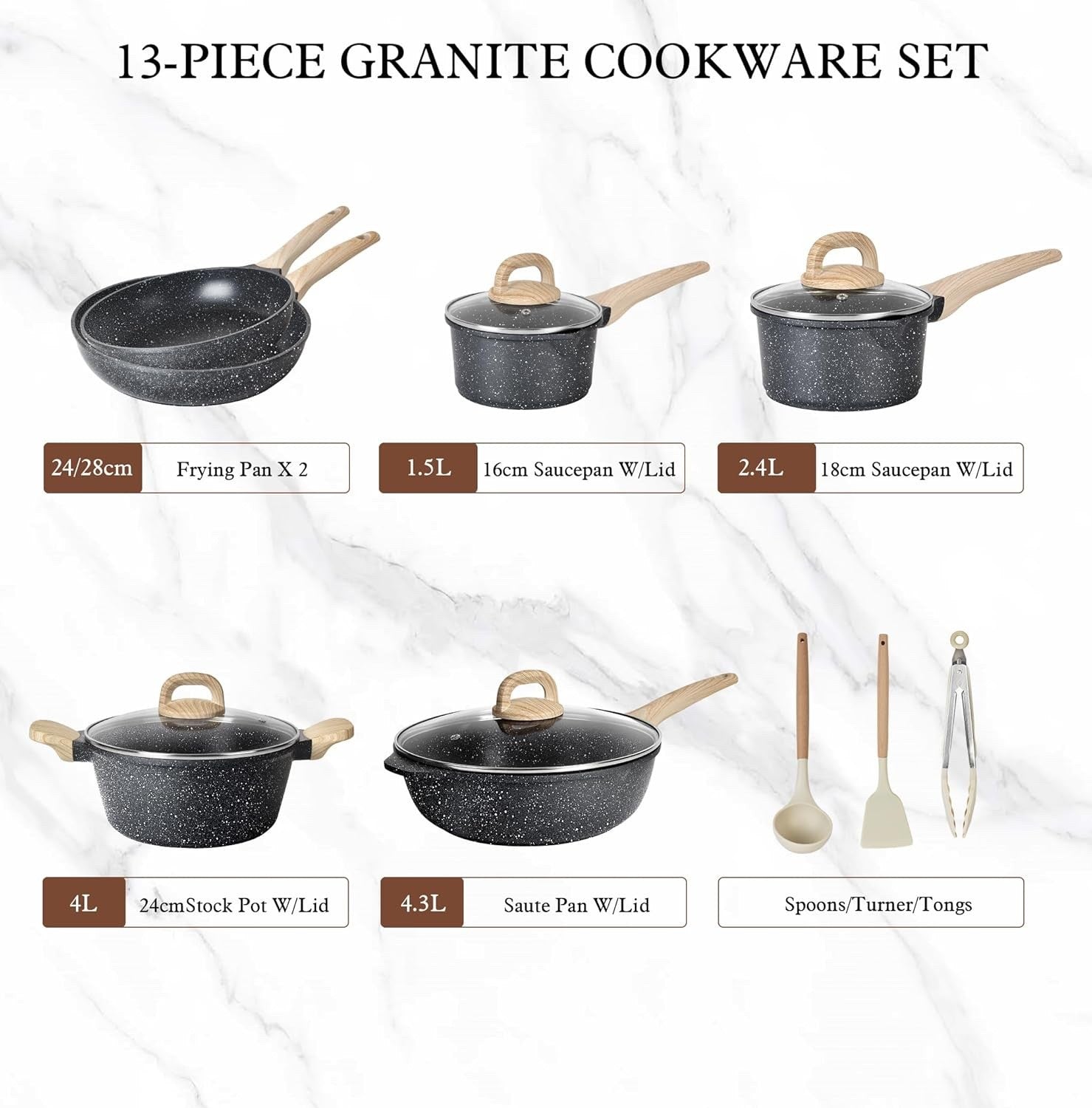 13pcs Non-Stick Granite Cookware Set Induction Ready with Lids & Utensils