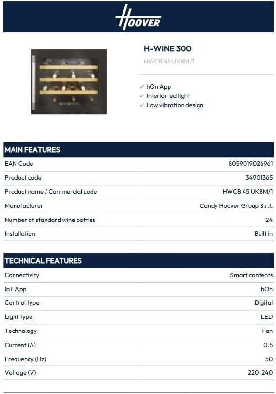 Built In Wine Cooler 24 Bottle Single Zone Smart WiFi LED Glass Door