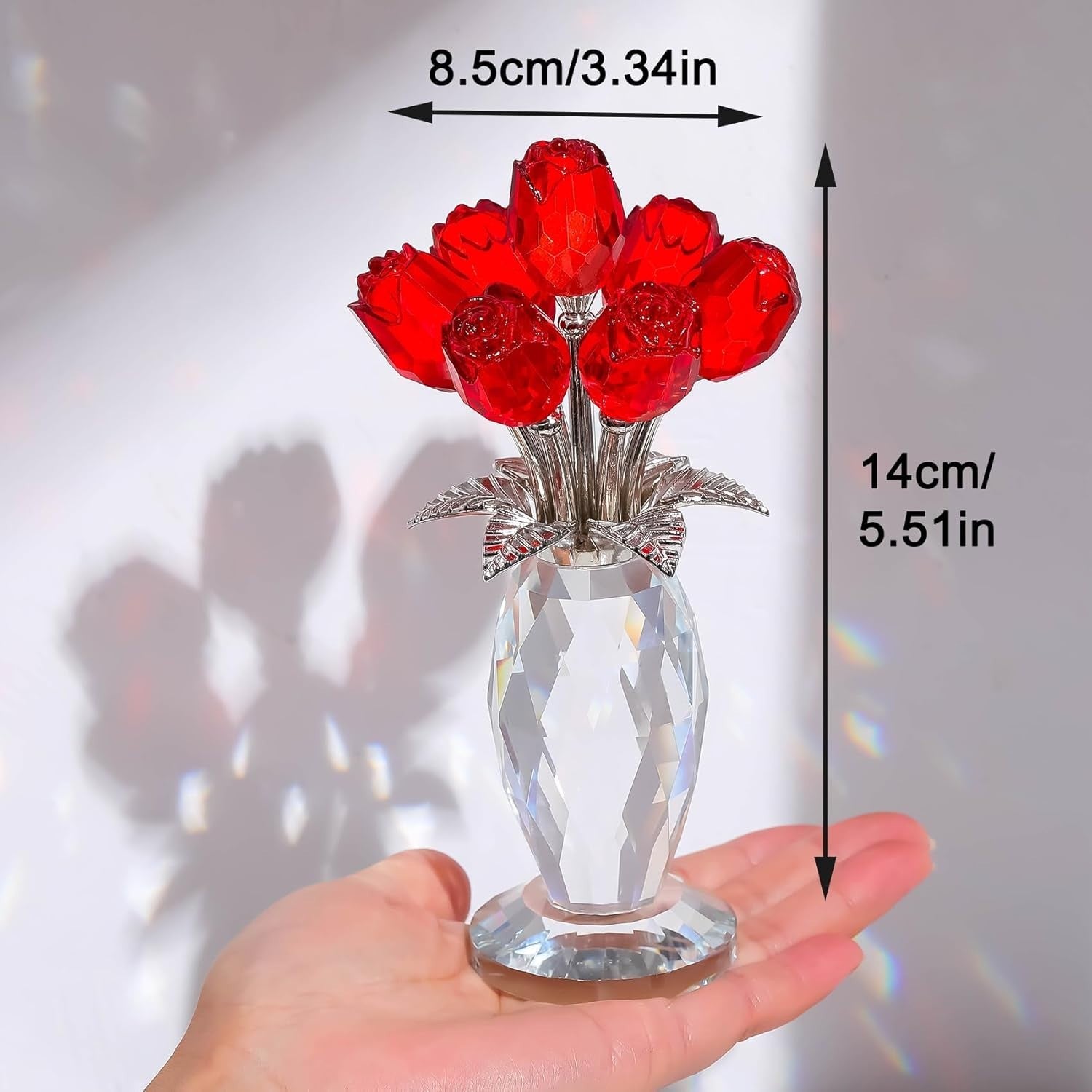 Red Crystal Rose Bouquet Ornament Glass Flower Figurine Gift for Women Decor