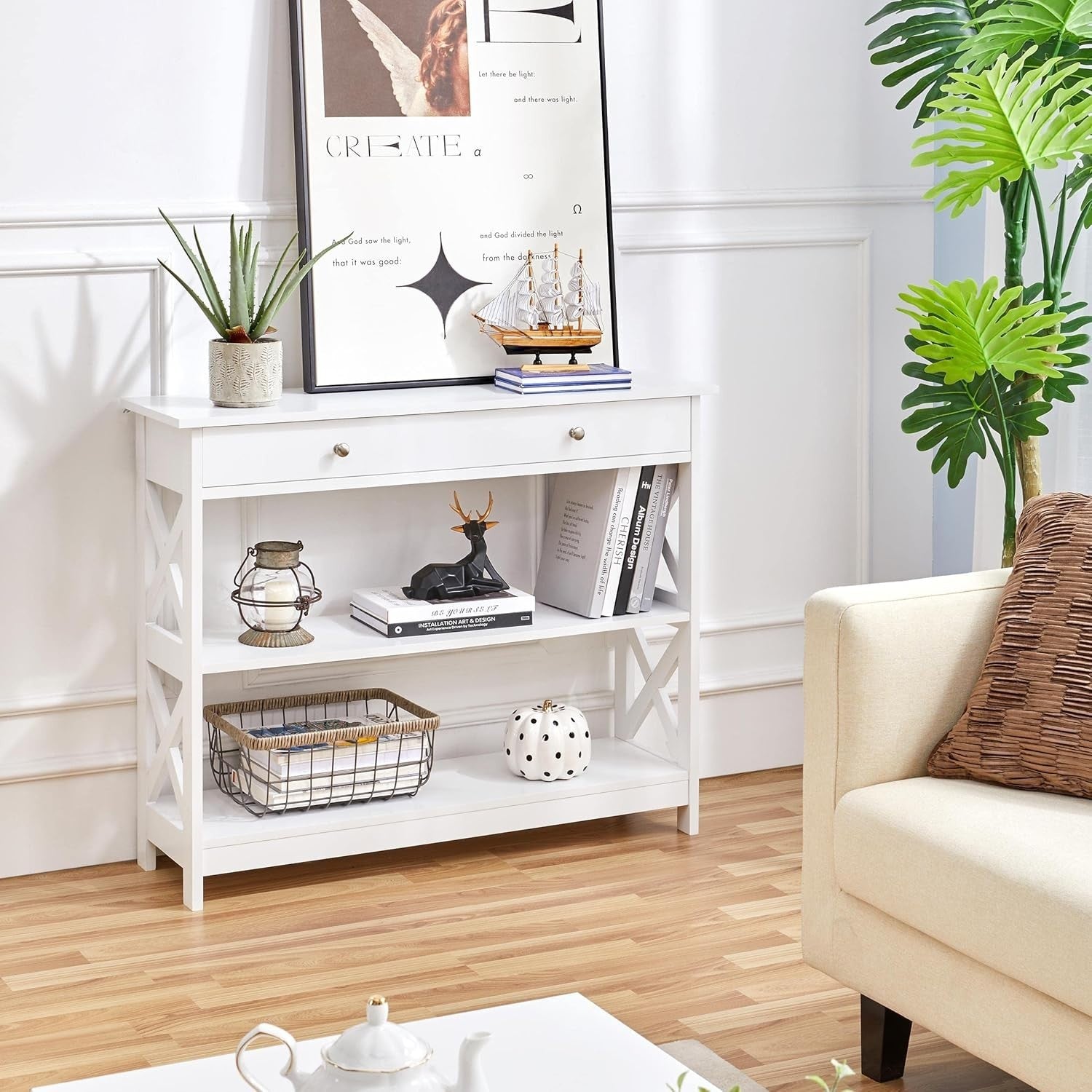 3-Tier White Console Table with Drawer & Storage Shelf, 100x30x80cm, Sturdy