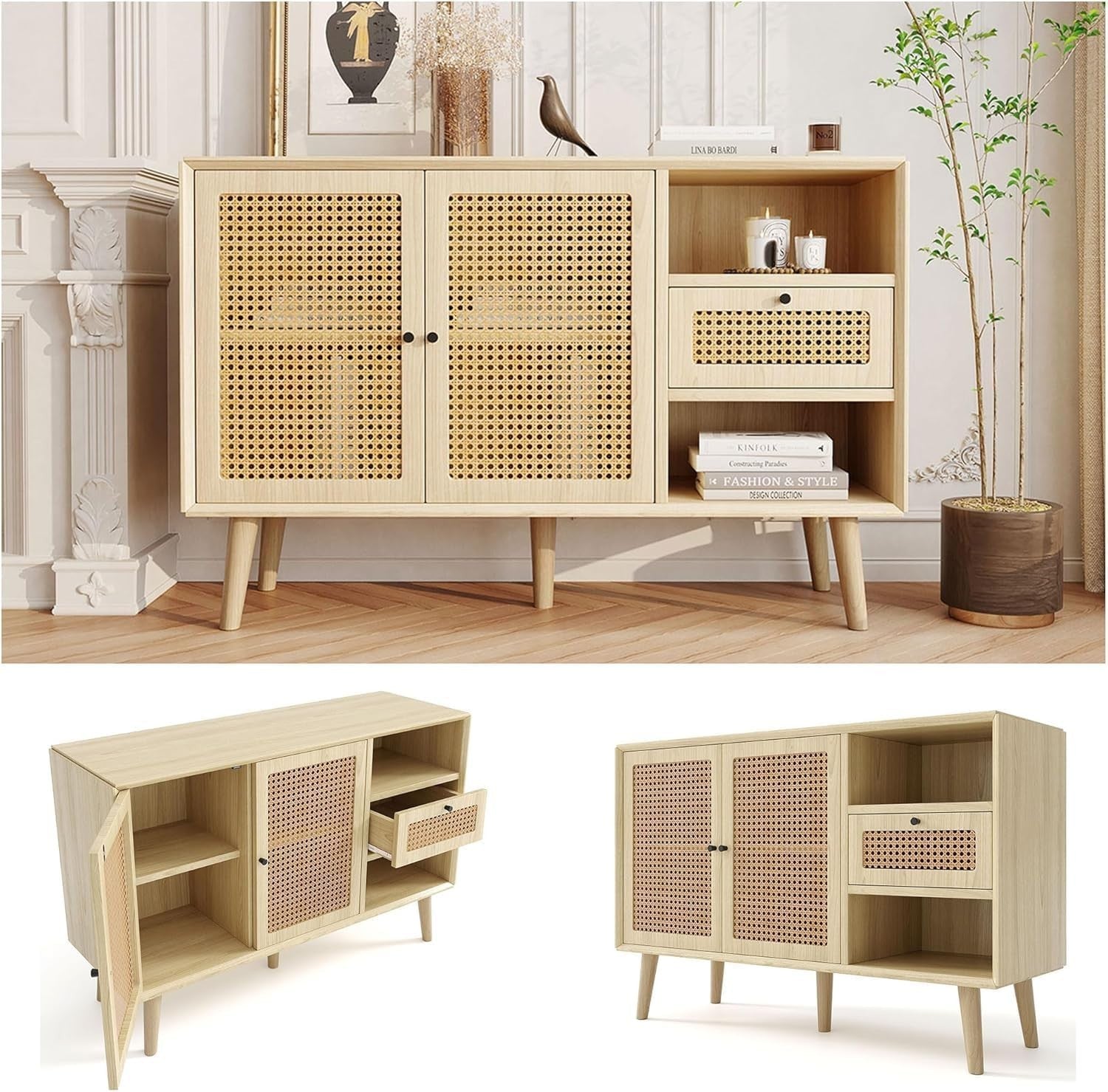 Modern Rattan Sideboard Cabinet Storage Unit Drawers Light Oak Wood