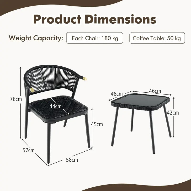 3pc Rattan Garden Bistro Set Black Chairs & Glass Coffee Table Patio Set