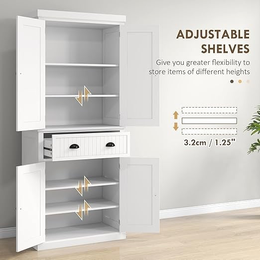 Tall White Kitchen Pantry Cupboard 4 Door Freestanding Cabinet with Drawer