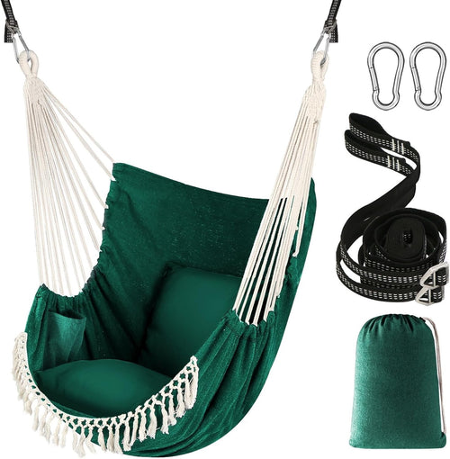 Dark Green Hammock Chair with 2 Cushions & Straps | 500lbs Indoor Outdoor