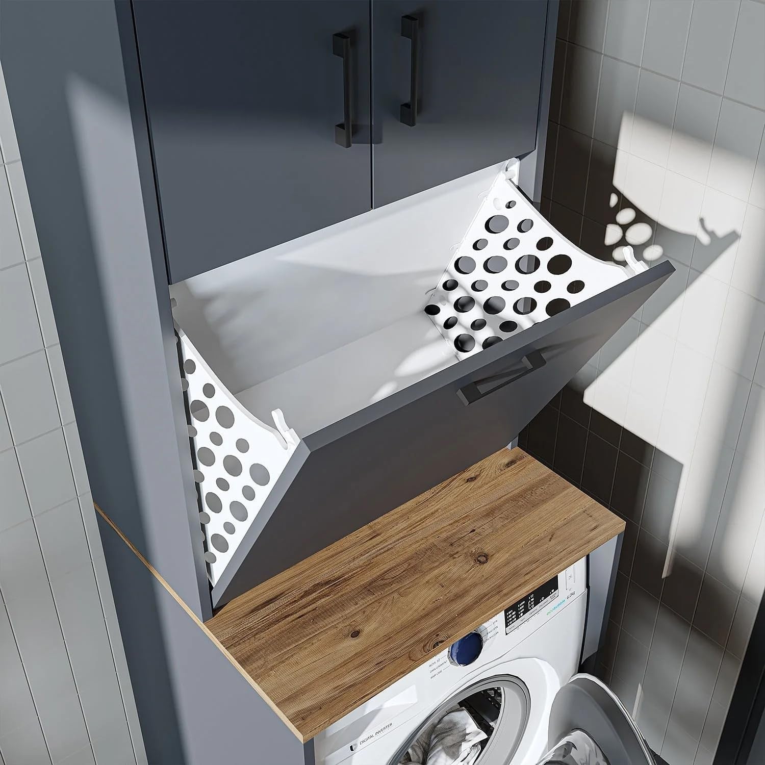 Anthracite Oak Washing Machine Cabinet with Cupboards & Laundry Basket 180cm