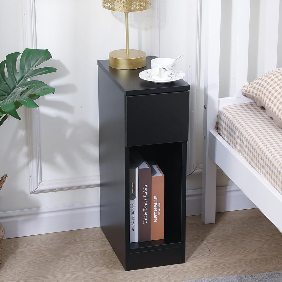 Slim Black Storage Cabinet with Drawer – Modern Narrow Bedside & Bathroom Unit