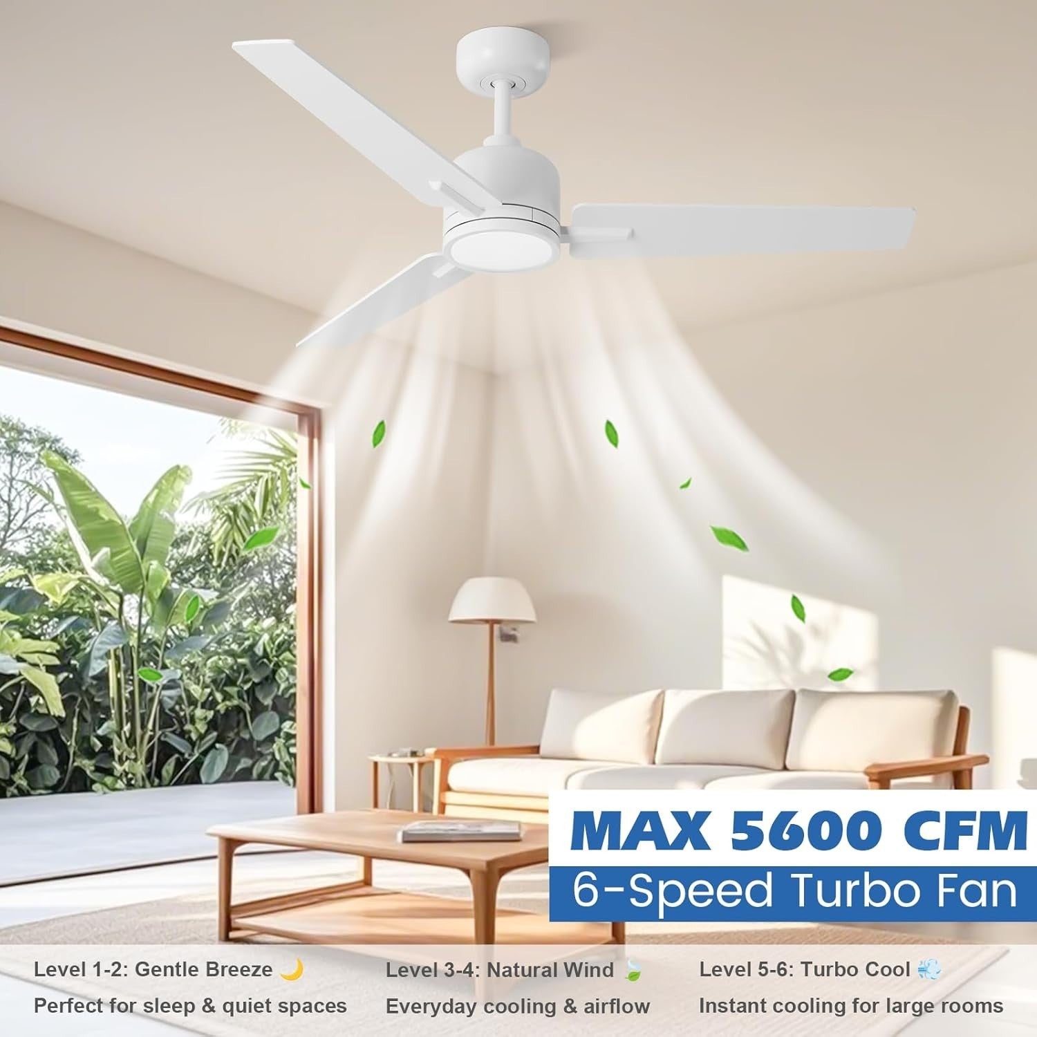 48" White-Wood Ceiling Fan Light, 6 Speeds, Remote Control, Dimmable