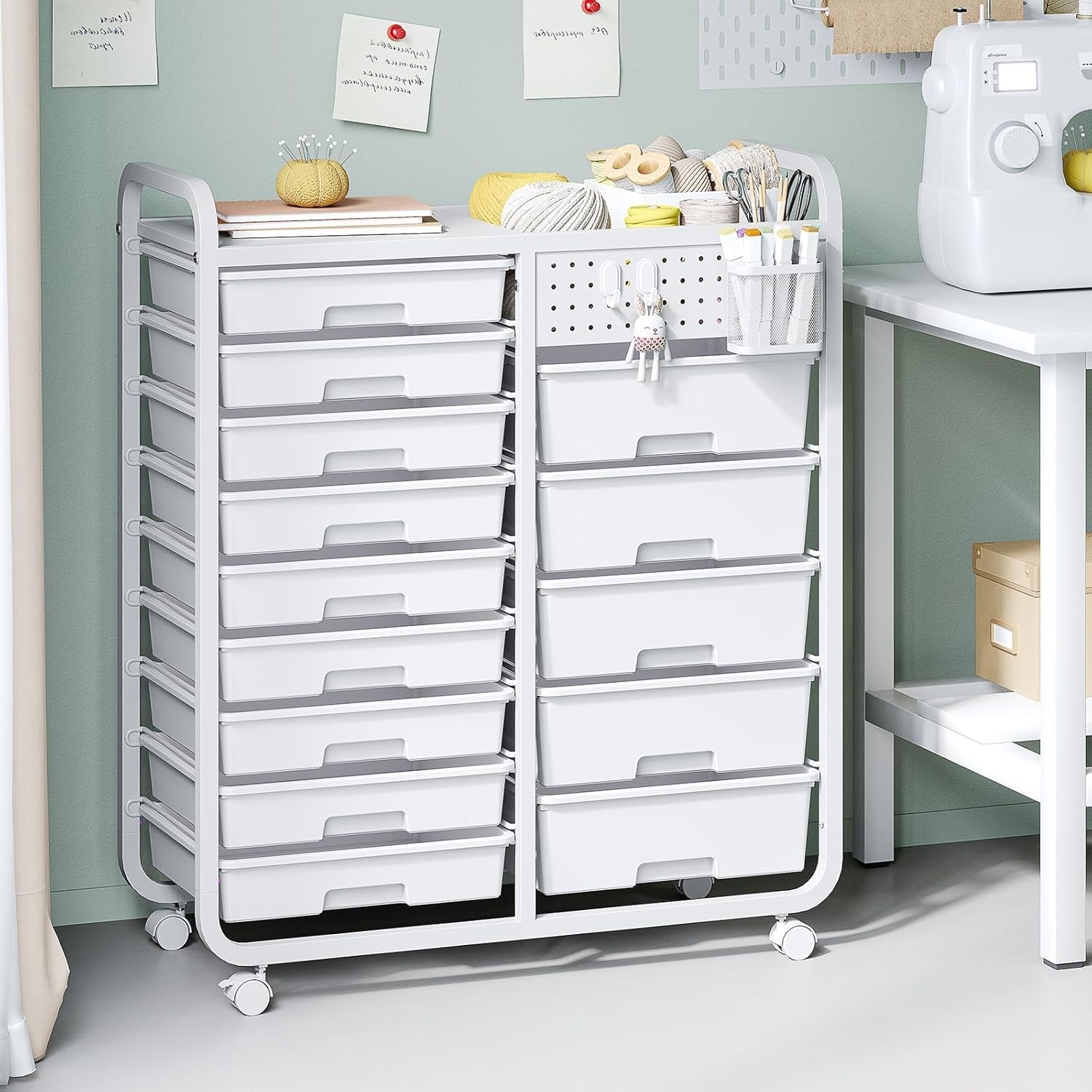 14 Drawer Storage Trolley Craft Organizer on Wheels with Pegboard