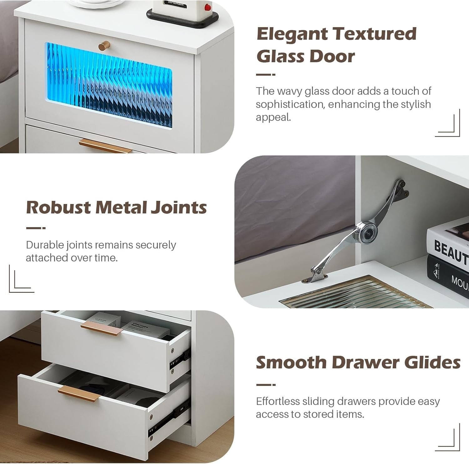 Set of 2 Smart LED Bedside Tables with USB Charging | Modern White 2 Drawer