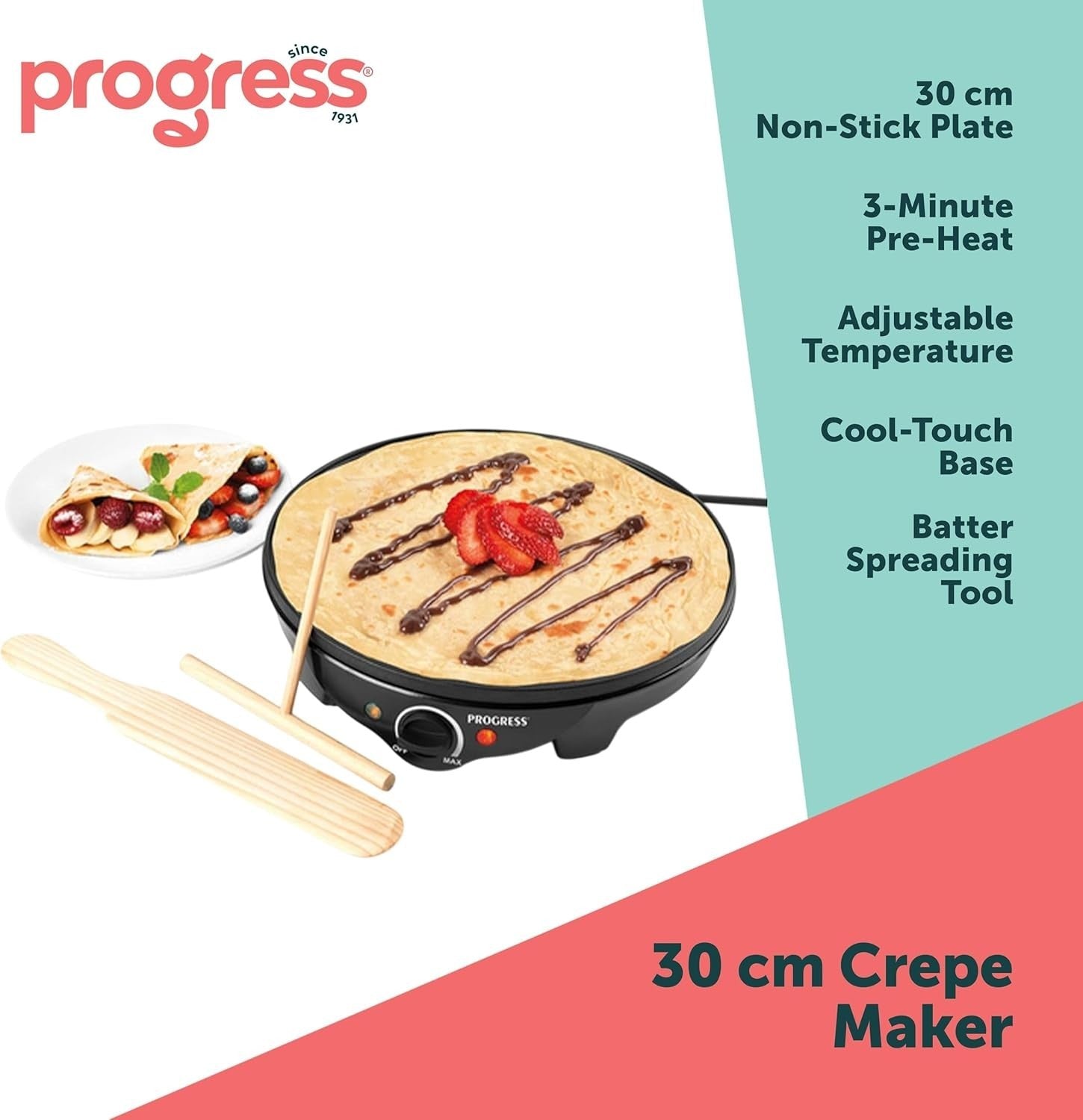 Electric Crepe Maker 30cm Non-Stick Plate 3 Min Heat Up Adjustable Temp + Tool