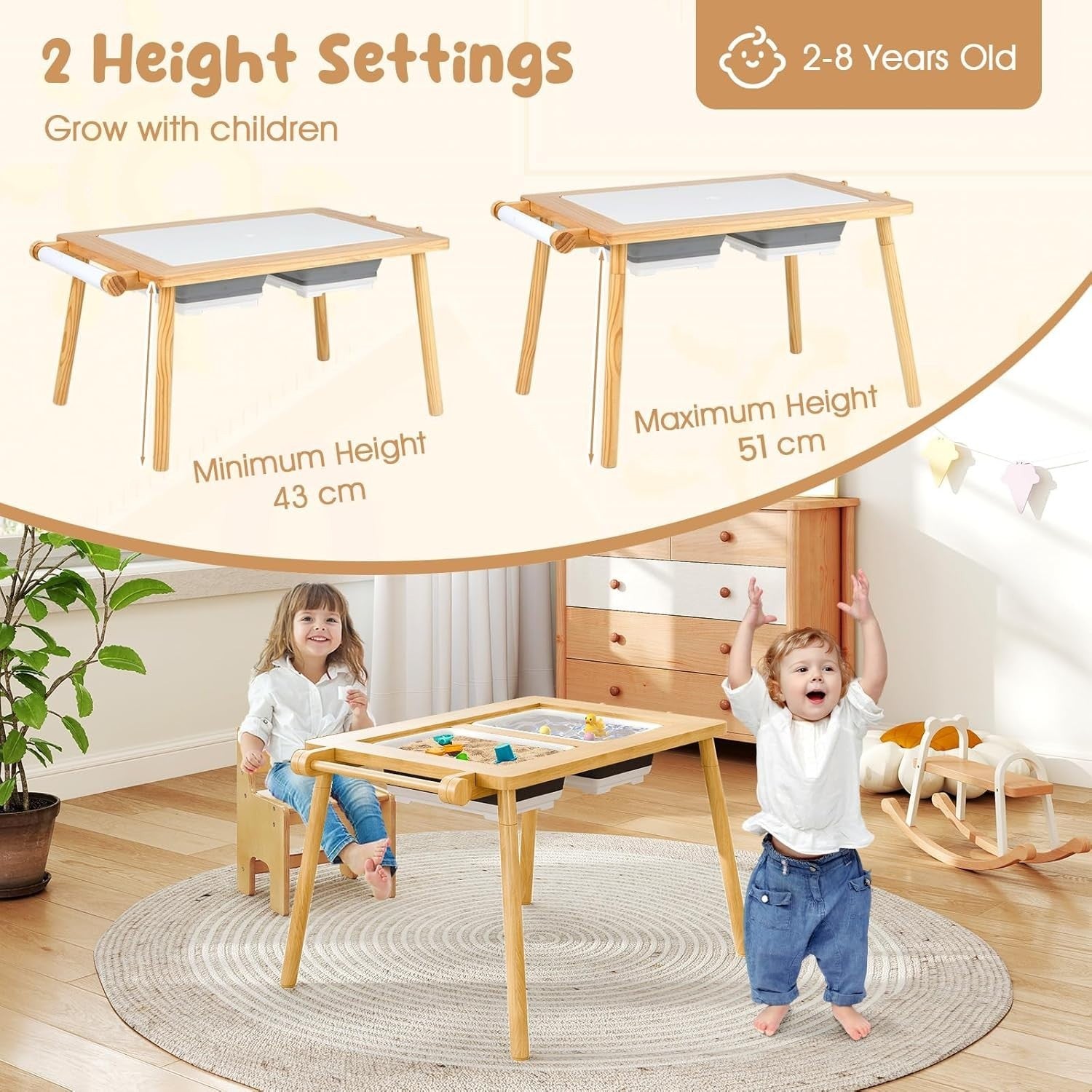 Kids Sensory Table & Chair Set with Sand, Water Bins, Paper Roll & Storage