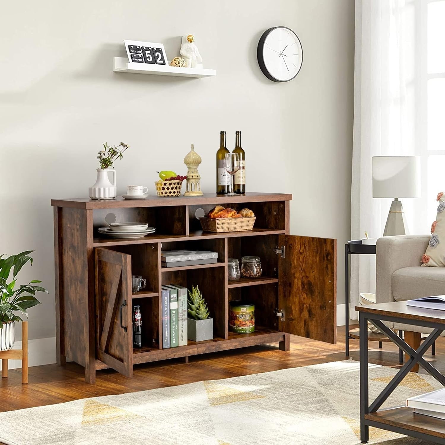 Rustic Buffet Sideboard Drinks Cabinet with 9-Bottle Wine Rack & Adjustable