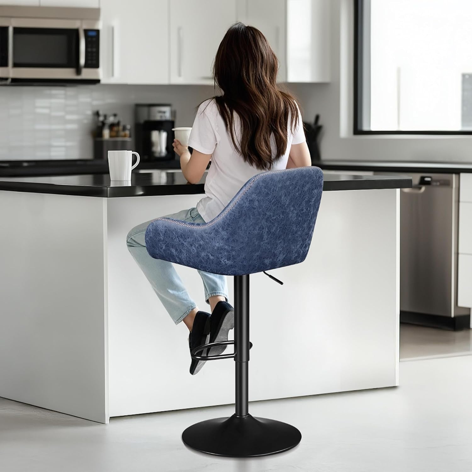 Adjustable Swivel Bar Stools Set of 2 Blue Faux Leather Chairs