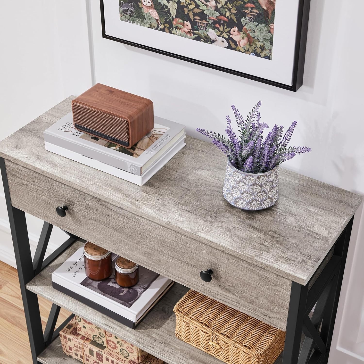 Compact Grey Console Table with Drawer & 2 Shelves, 80x29.5x81cm, Stylish