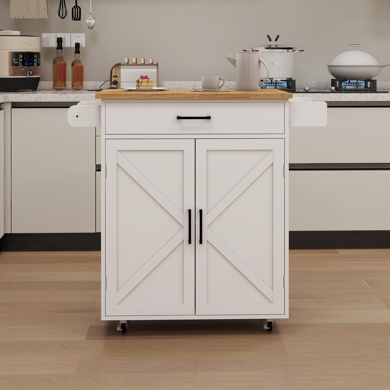 Mobile Kitchen Island Cart with Rubber Wood Top, Adjustable Storage & Towel Rack