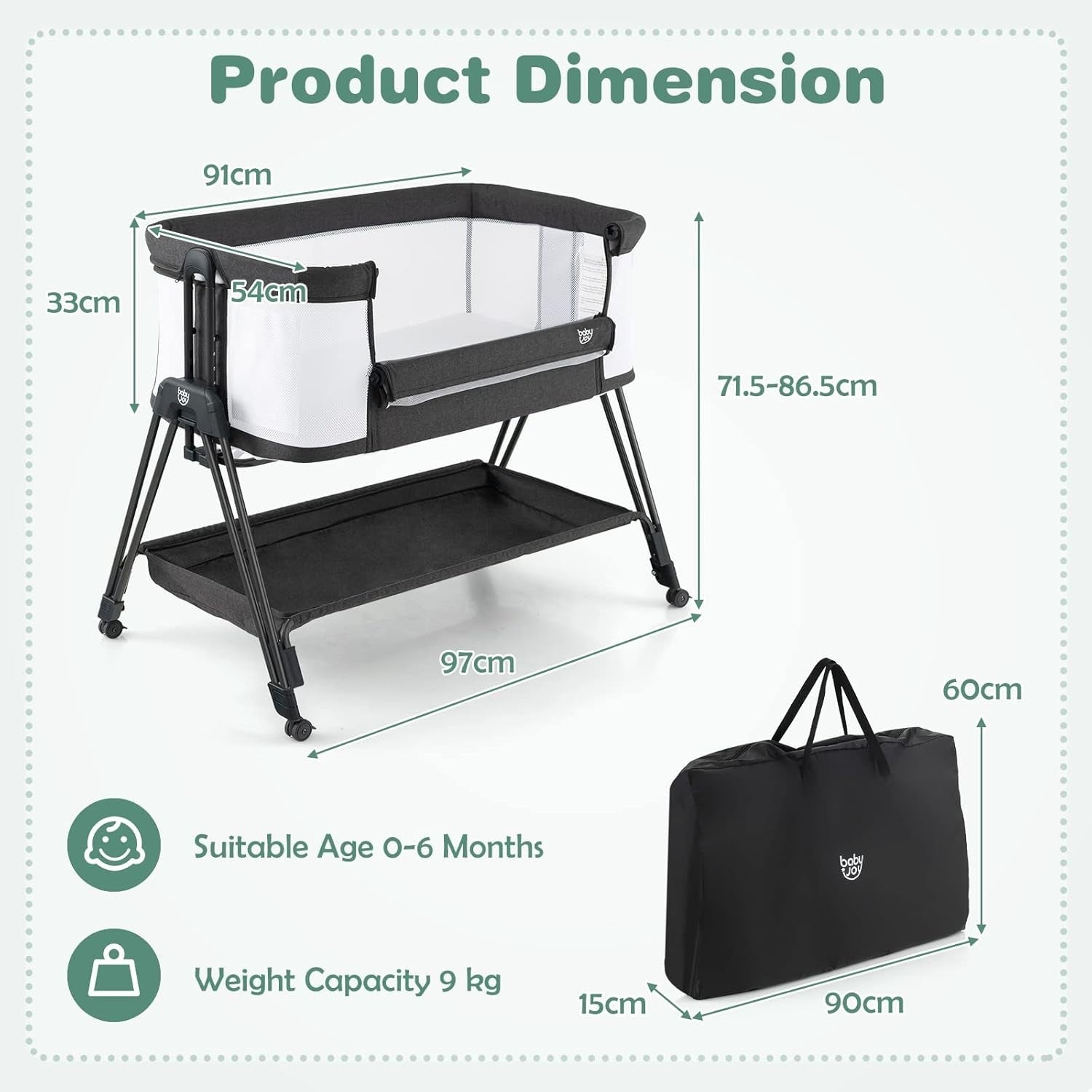 Baby Bedside Crib Adjustable Bassinet with Mattress Newborn Sleeper Black