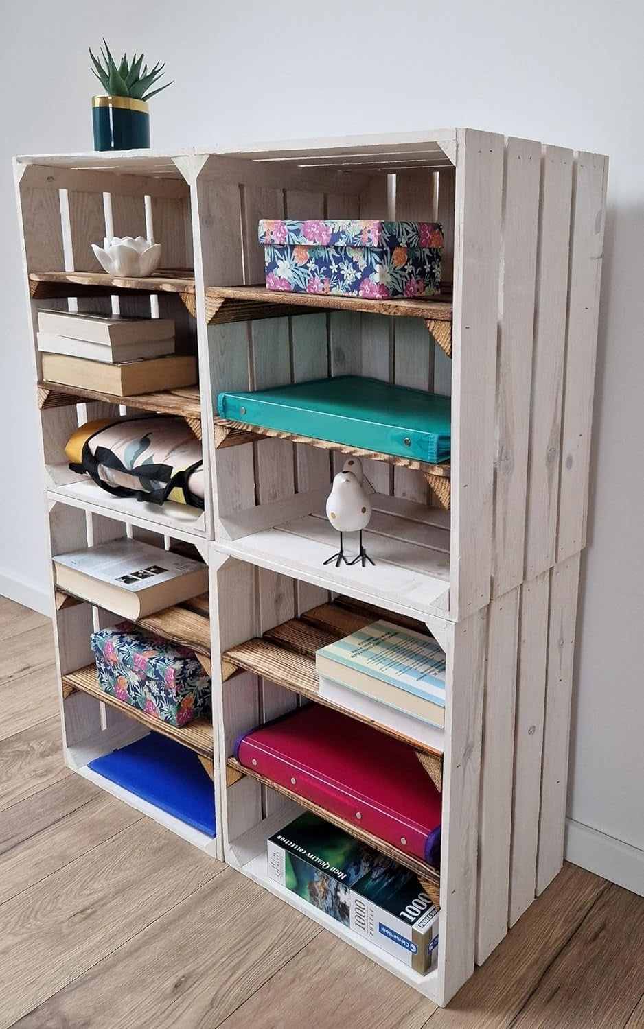 2-Tier Burnt White Wooden Crates Storage Shelf Organizer 50x40x30cm