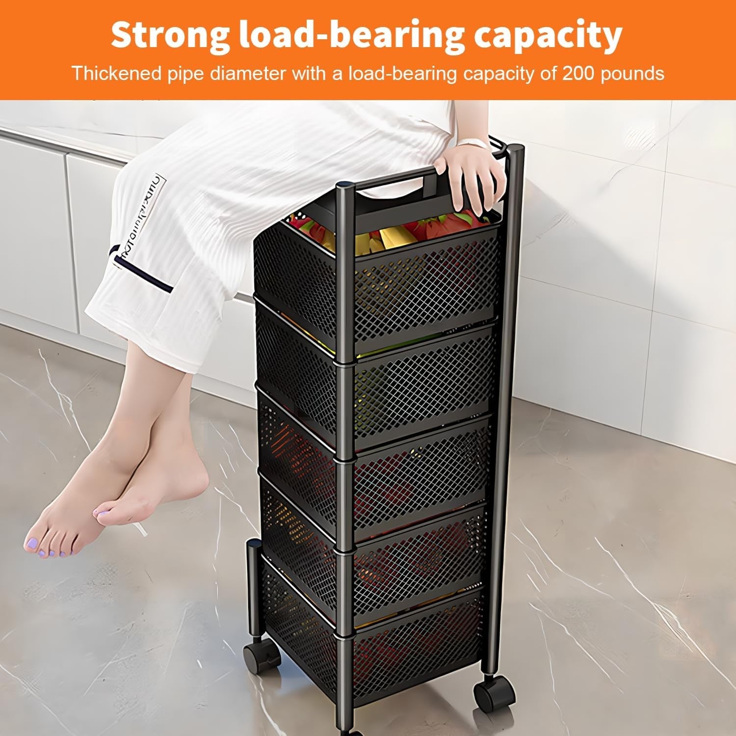 6 Tier Metal Fruit Basket Rotating Storage Trolley with Wheels Black