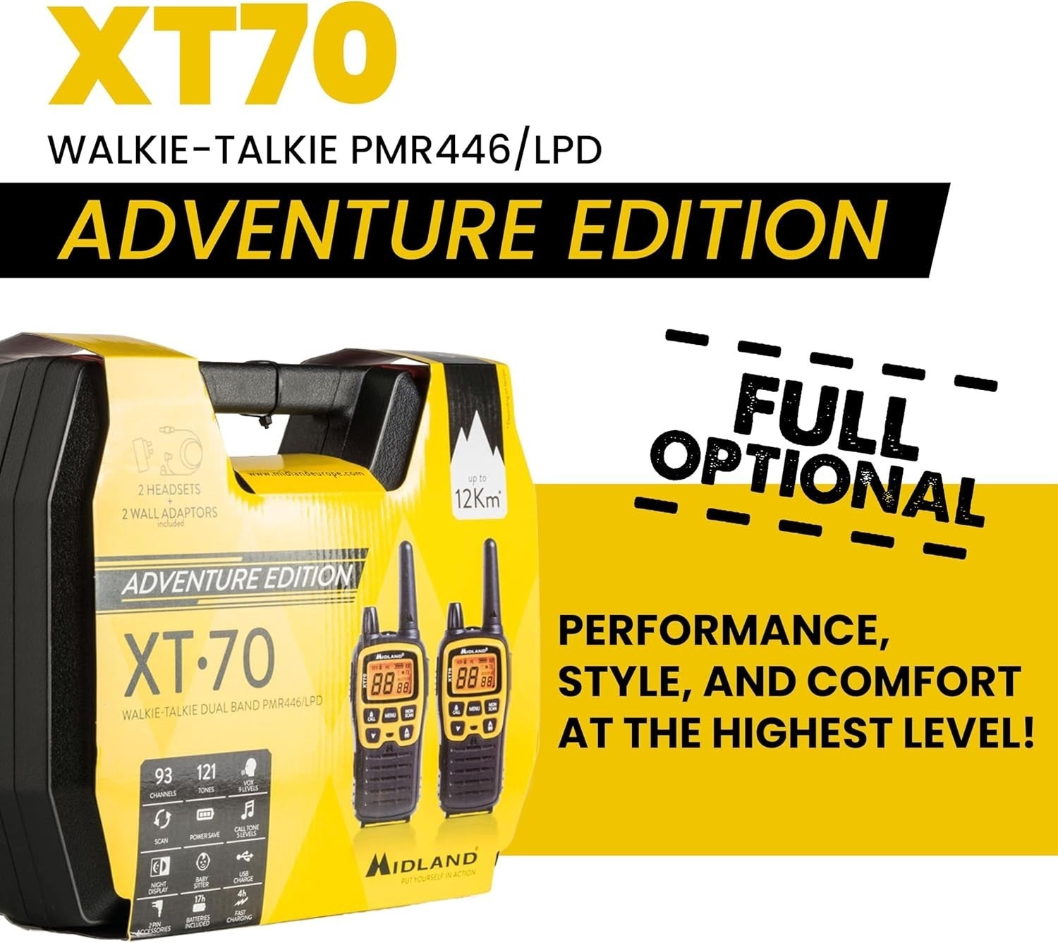 Professional Walkie Talkies 12km Dual Band Fast Charge 2 Pack Yellow