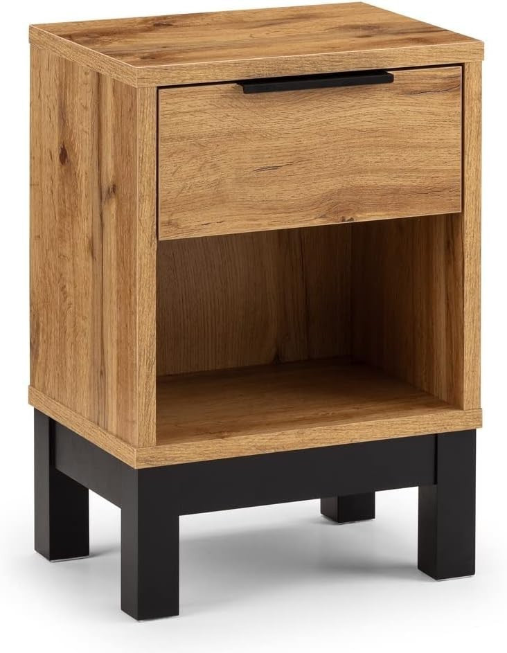 Modern Oak Wood Bedside Table | 1 Drawer Nightstand with Open Shelf & Black Legs